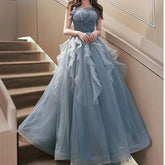 BXOXO Customized Fairy Elegant Strapless Mesh Spliced Half Sleeve Evening Dress Sequin Print High Waist Robe Strap Design Gown Wavy Ba